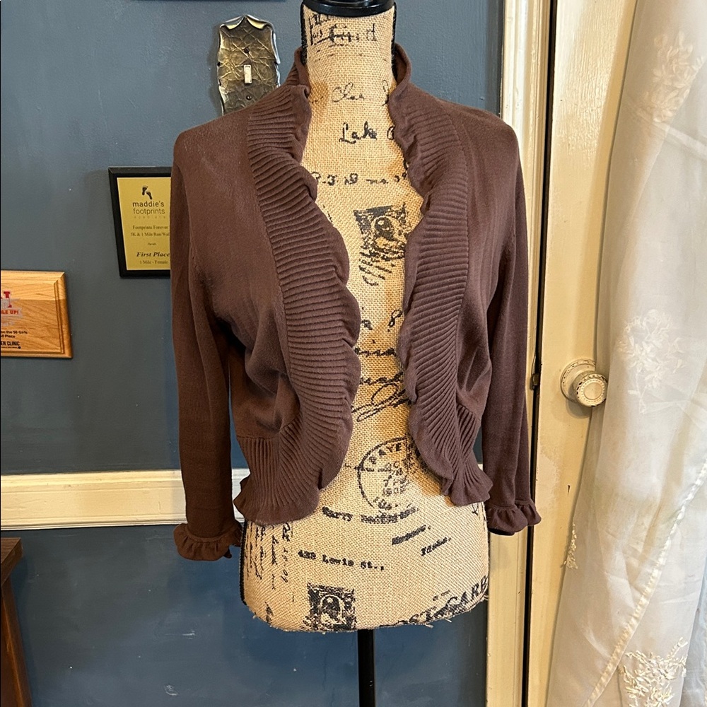dressbarn Brown Ruffled Open-Front Cardigan